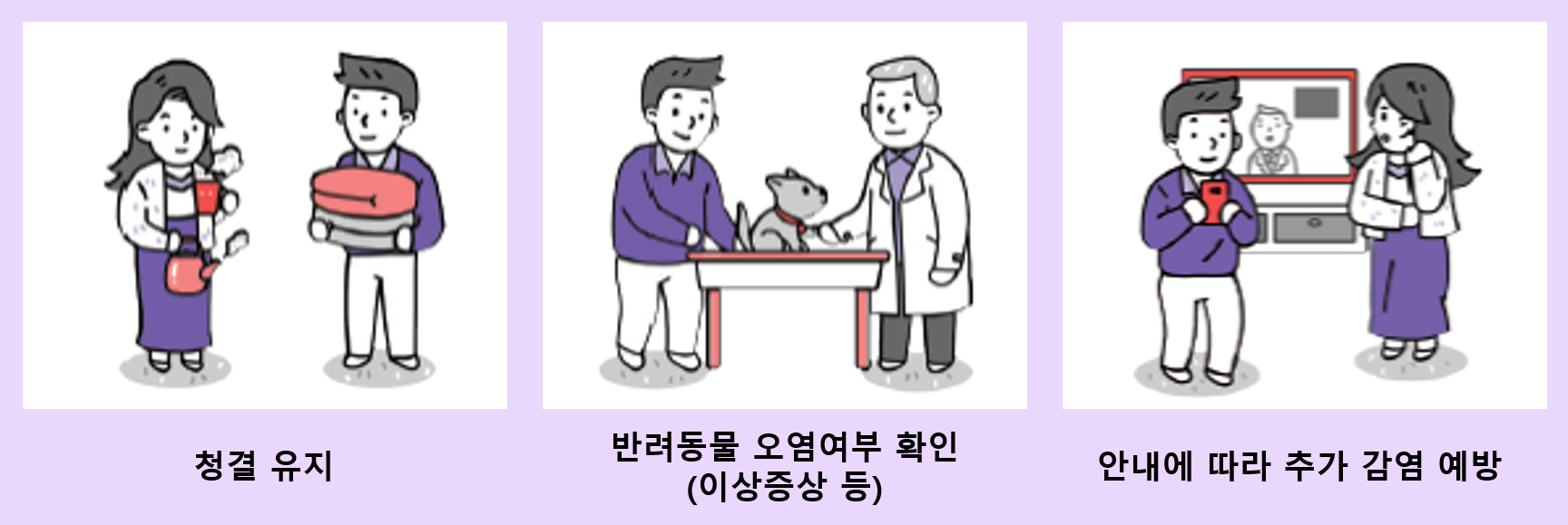 청결유지, 반려동물 오염여부 확인, 안내에 따라 추가 감염 예방
