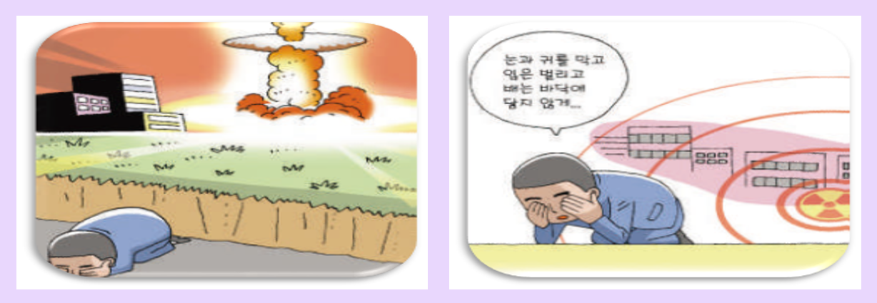 벽재질과 두께에 따른 안전성 - 콘크리트 30cm, 벽돌 40cm, 자갈/모래 50cm, 흙 60cm, 속빈벽돌 65cm, 물 75cm, 책 105cm, 나무 130cm