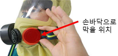 왼손으로 방독면 조임끈을 잡는 사진