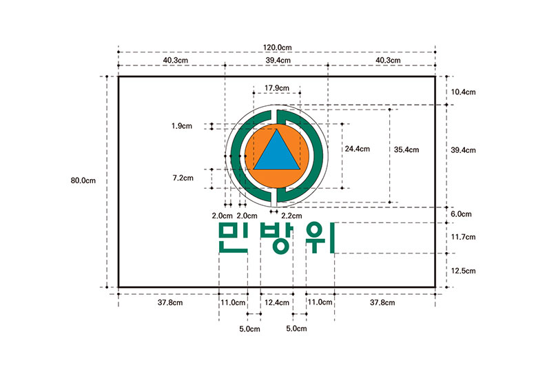 민방위기 의미와 활용 - 게양용 민방위기는 민방위기를 3/4 축소한 것으로 한다. 교육훈련용 민방위대기는 민방위대기를 3/4 축소한 것으로 한다.