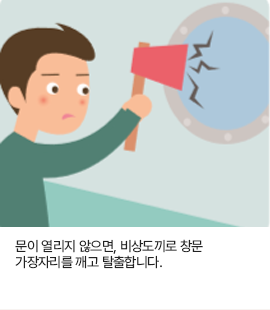 문이 열리지 않으면, 비상도끼로 창문 가장자리를 깨고 탈출합니다.