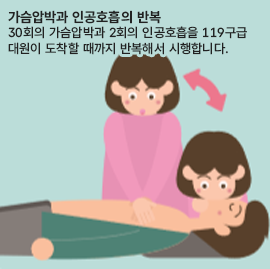 가슴압박과 인공호흡의 반복 30회의 가슴압박과 2회의 인공호흡을 119구급대원이 도착할 때까지 반복해서 시행합니다.
