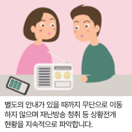 별도의 안내가 있을 때까지 무단으로 이동하지 않으며 재난방송 청취 등 상황전개 현황을 지속적으로 파악합니다.