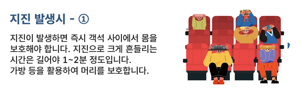 지진 발생시 - ① 지진이 발생하면 즉시 객석 사이에서 몸을 보호해야 합니다. 지진으로 크게 흔들리는 시간은 길어야 1~2분 정도입니다. 가방 등을 활용하여 머리를 보호합니다.