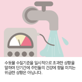 수돗물 수질기준을 일시적으로 초과한 상황을 말하며 단기간에 주민들의 건강에 향을 미치는 위급한 상황은 아닙니다.