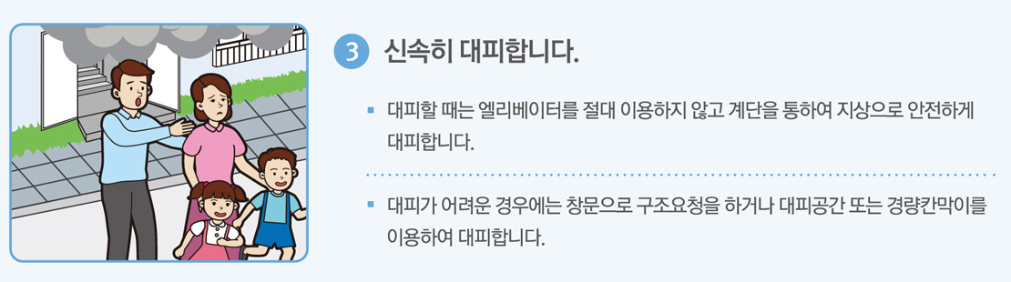 3. 신속히 대피합니다. 대피할 때는 엘리베이터를 절대 이용하지 않고 계단을 통하여 지상으로 안전하게 대피합니다. 대피가 어려운 경우에는 창문으로 구조요청을 하거나 대피공간 또는 경량칸막이를 이용하여 대피합니다.