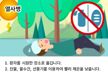 열사병 1. 환자를 시원한 장소로 옮깁니다. 2. 찬물, 물수건, 선풍기를 이용하여 빨리 체온을 낮춘다.