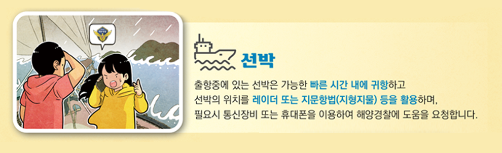 선박 출항중에 있는 선박은 가능한 빠른 시간 내에 귀항하고 선박의 위치를 레이더 또는 자문항법(지문지물) 등을 활용하여, 펄요시 통신장비 또는 휴대폰을 이용하여 해양경찰에 도움을 요청합니다.
