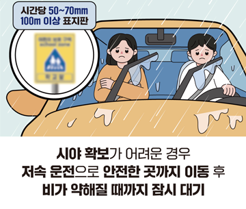 시야 확복 어려운 경우 저속 운전으로 안전한 곳까지 이동 후 비가 약해질 때까지 잠시 대기