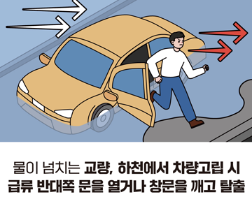 물이 넘치는 교량, 하천에서 차량고립 시 급류 반대쪽 문을 열거나 창문을 깨고 탈출