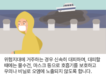 위험지대에 거주하는 경우 신속히 대피하며, 대피할 때에는 물수건, 마스크 등으로 호흡기를 보호하고 우의나 비닐로 오염에 노출되지 않도록 합니다.
