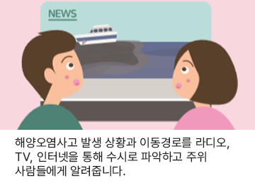 해양오염사고 발생 상황과 이동경로를 라디오, TV, 인터넷을 통해 수시로 파악하고 주위 사람들에게 알려줍니다.
