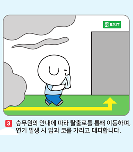 3. 승무원의 안내에 따라 탈출로를 통해 이동하며, 연기 발생 시 입과 코를 가리고 대피합니다.