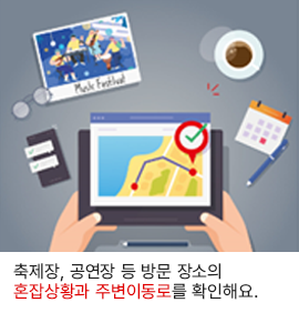 축제장, 공연장 등 방문 장소의 혼잡상황과 주변이동로를 확인해요.