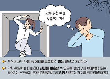 책상이나 탁자 밑 등 머리를 보호할 수 있는 곳으로 대피한다. 강한 폭발력에 대비하여 신체를 보호할 수 있도록 출입구의 반대방향, 또는 떨어지는 우주물체 반대방향으로 엎드리고 양손으로 눈과 귀를 막고 입을 벌린다.