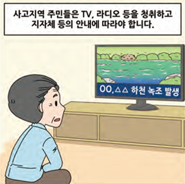 사고지역 주민들은 TV, 라디오 등을 청취하고 지자체 등의 안내에 따라야 합니다.