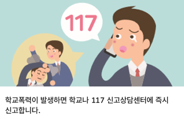 학교폭력이 발생하면 학교나 117 신곳상담센터에 즉시 신고합니다.