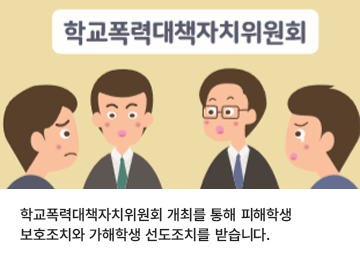 학교폭력대책자치위원회 개최를 통해 피해학생 보호조치와 가해학생 선도조치를 받습니다.