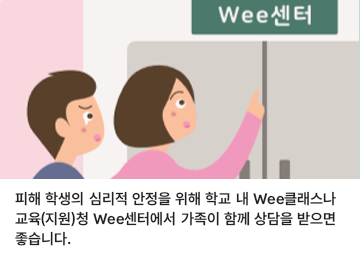 피해 학생의 심리적 안정을 위해 학교 내 Wee클래스나 교육(지원)청 Wee센터에서 가족이 함께 상담을 받으면 좋습니다.