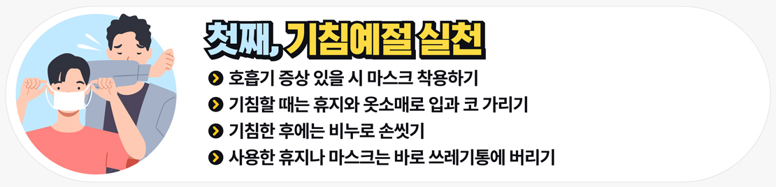  첫째, 기침예절 실천 호흡기 증상 있을 시 마스크 착용하기 기침할 때는 휴지와 옷소매로 입과 코 가리기 기침한 후에는 비누로 손씻기 사용한 휴지나 마스크는 바로 쓰레기통에 버리기