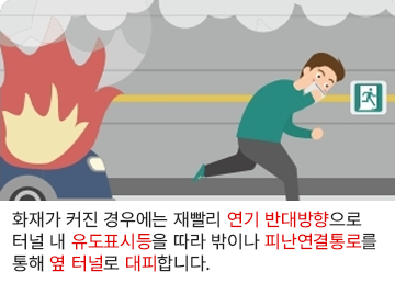 화재가 커진 경우에는 재빨리 연기 반대방향으로 터널 내 유도표시를 따라 피난연결통로를 통해 옆 터널로 대피합니다.