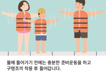 물에 들어가기 전에는 충분한 준비운동을 하고 구명조끼 착용 후 들어갑니다.