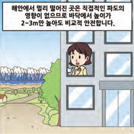해안에서 멀리 떨어진 곳은 직접적인 파도의 영향이 없으므로 바닥에서 높이가 2~3m만 높아도 비교적 안전합니다.