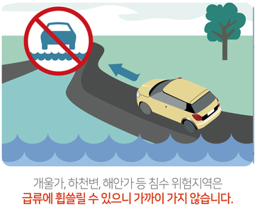 개울가, 하천변, 해안가 등 침수 위험지역은 급류에 휩쓸릴 수 있으니 가까이 가지 않습니다.