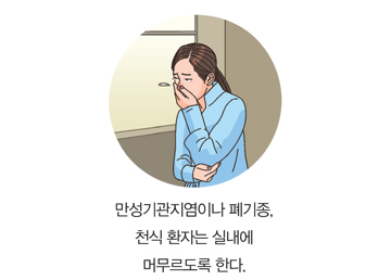 만성기관지염이나 폐기종, 천식 환자는 실내에 머무르도록 한다.
