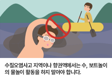 수질오염사고 지역이나 항권역에서는 수, 보트놀이의 물놀이 활동을 하지 말아야 합니다.